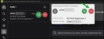8x8 Frontdesk interface showing an incoming call pop-up with caller details, channel information, and repositioned green Accept and red Decline buttons.